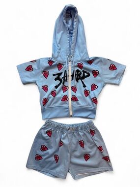 Baby Blue 3HARD Heart Zip Up Cropped Jacket & Shorts Set